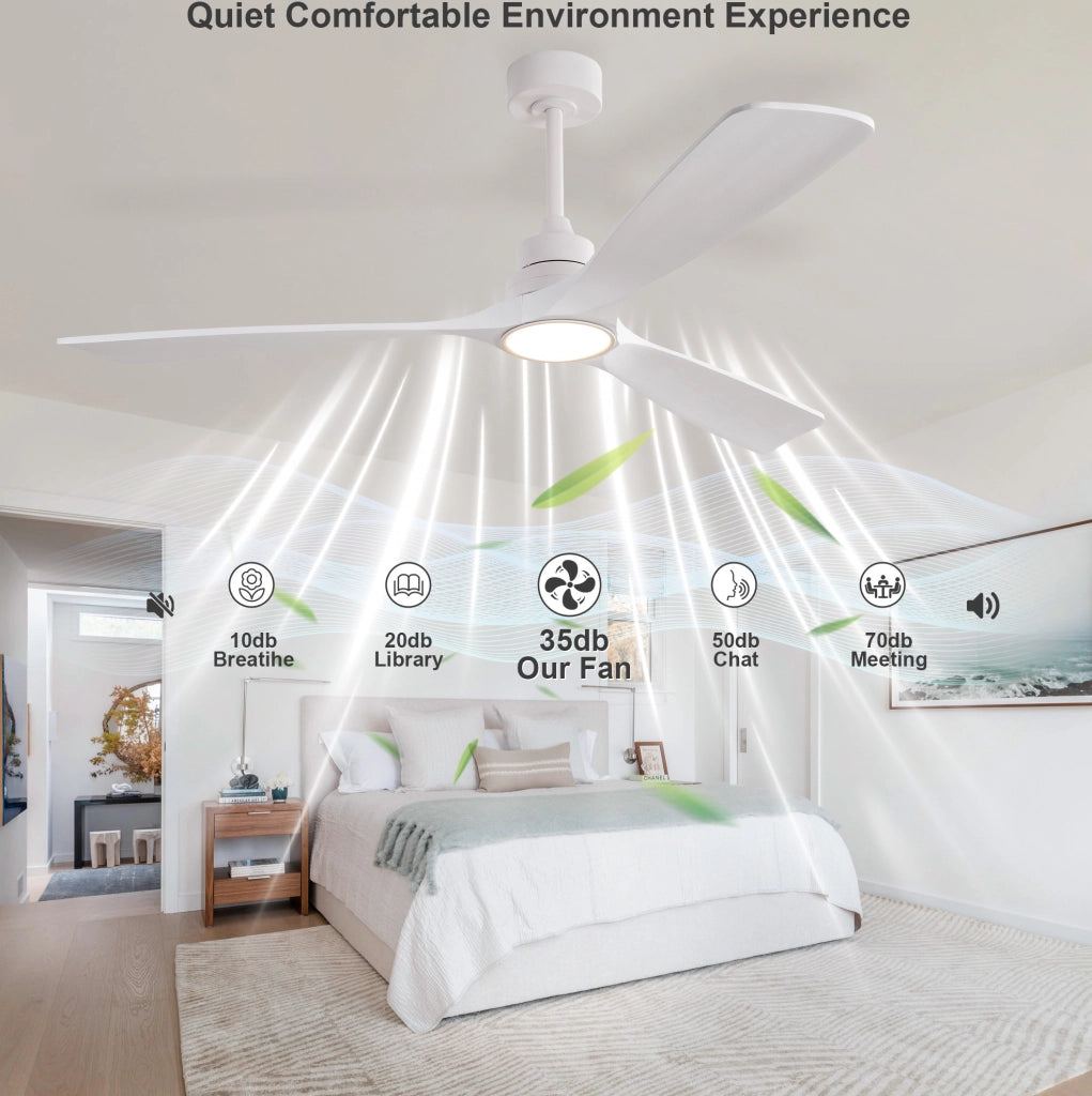 Ventilatore da soffitto da 60 pollici con luce LED; 3 pale in legno; bianco