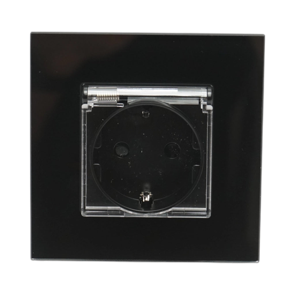 Presa schuko nera 220V, 16A, coperchio trasparente, cornice in vetro 86x86x34mm