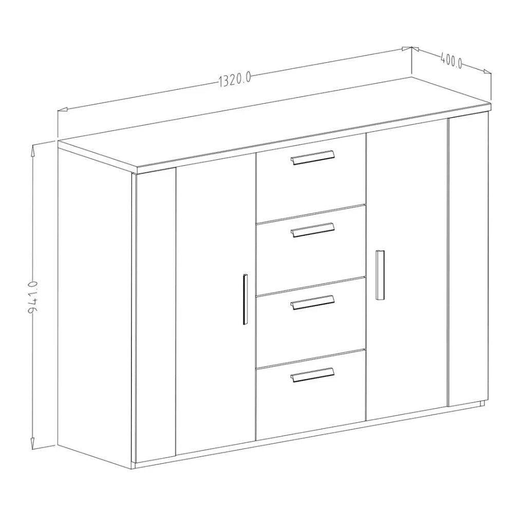 Credenza design 2 porte e 4 cassetti – 130 cm – Rovere scuro e nero – Collezione FOX