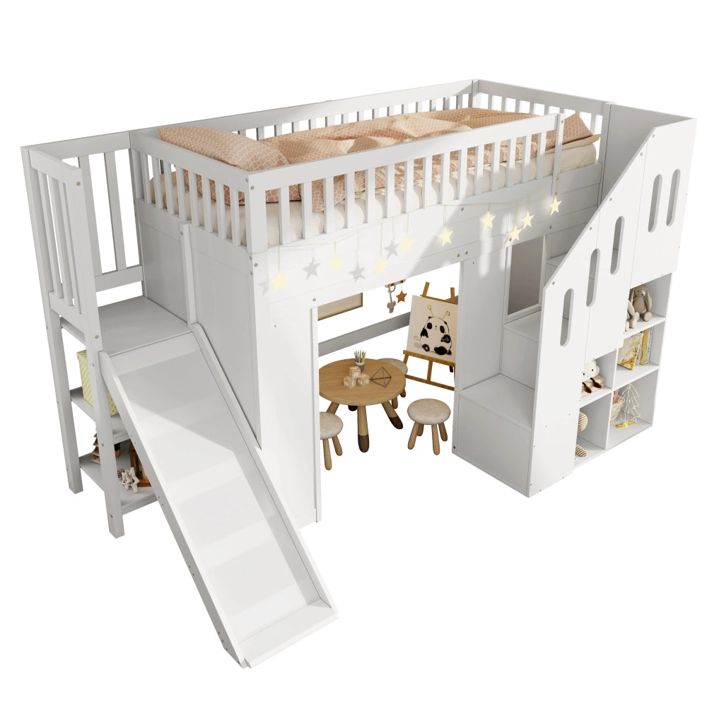 LETTO A CASTELLO 90x200 cm con scivolo, scala contenitore, bianco