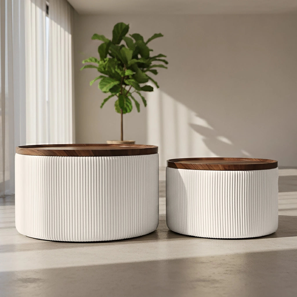 Set 2 Pouf Contenitore Rotondi in Velluto con Coperchio in Legno, Tavolino da Salotto Moderno, Pouf Contenitore Multiuso, Pouf Poggiapiedi, Tavolino Contenitore Salvaspazio Beige