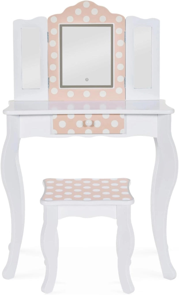 Tavolino per bambini a LED bianco e rosa ROZA con 3 specchi e sgabello