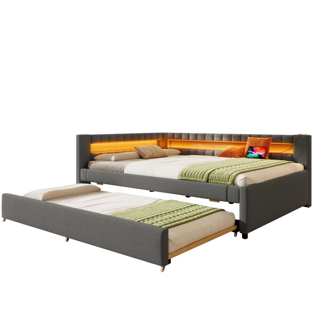 Letto a Divanetto 140x200 cm; 1 Posto; con LED; USB e Type-C; Letto Estraibile; Grigio