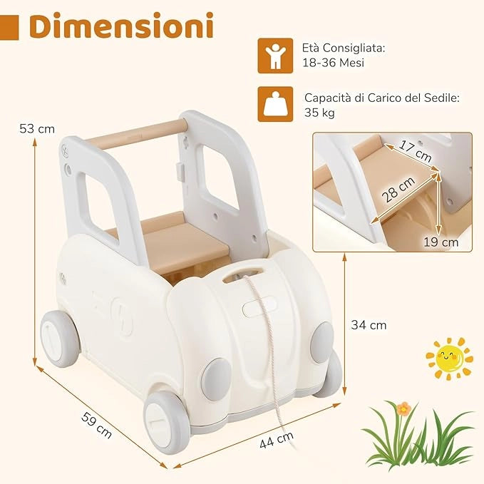 Girello Primi Passi per Bambini, Carrello a Spinta con Contenitore, Sedile Ribaltabile e Ruote, Organizzatore per Giocattolo, per Cavalcare, Camminare e Trainare, per Bambini 18-36 Mesi