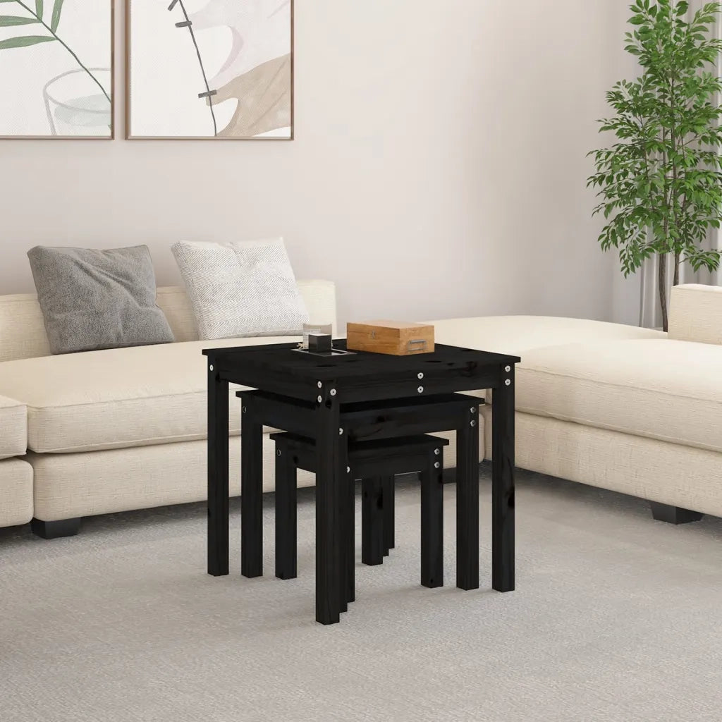 Tavolini a Incastro 3 pz Nero in Legno Massello di Pino cod mxl 17135