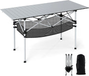 Tavolo da Campeggio Pieghevole in Alluminio, Portatile con Cestello in Rete e Borsa, Portata 100kg per Giardino Spiaggia Pesca (Argenteo)