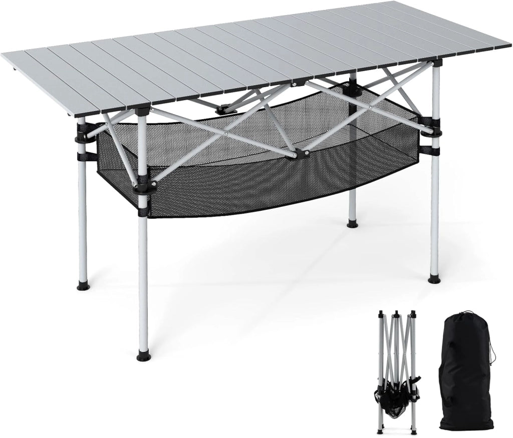 Tavolo da Campeggio Pieghevole in Alluminio, Portatile con Cestello in Rete e Borsa, Portata 100kg per Giardino Spiaggia Pesca (Argenteo)