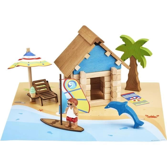 The Beach Hut 55 Pezzi - JEUJURA - Gioco di Costruzioni in Legno Naturale, Tappetino e Accessori Inclusi, 22x18,5x8,5 cm