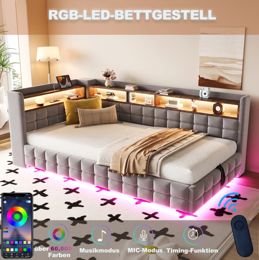 Letto imbottito multifunzione 90x200 cm in velluto grigio chiaro con contenitore; LED e prese