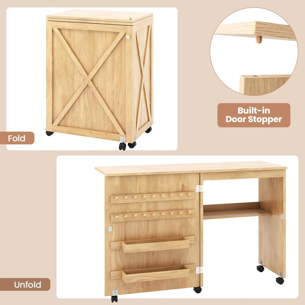 Tavolo Cucire con Ruote, Tavolino Cucito Pieghevole, Asse da Stiro Richiudibile, Mobile per Macchina da Cucire a Scomparsa, Allungabile a 3 Livelli, 58x40x78 cm, 2 Colori Disponibili