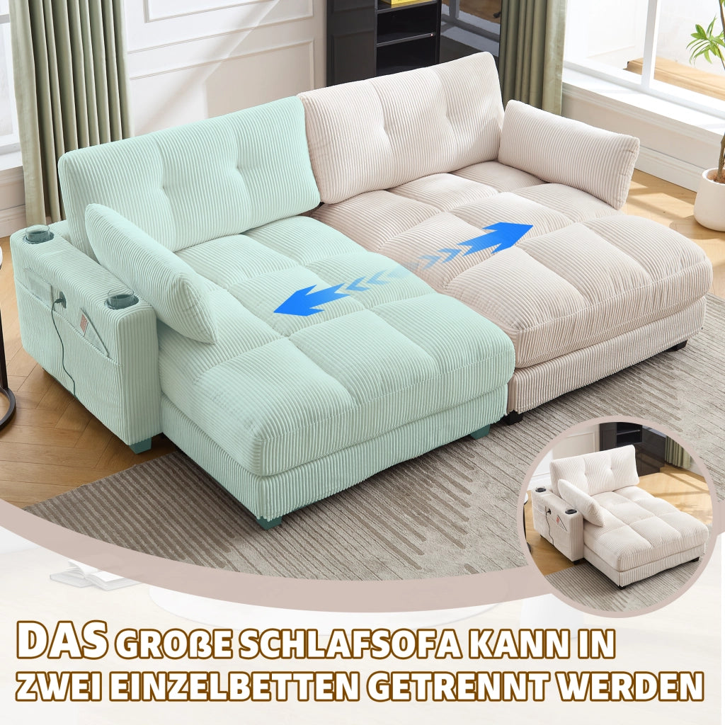 Divano modulare in velluto a coste con cuscini portabicchieri tasche laterali e porte USB separabile in due beige