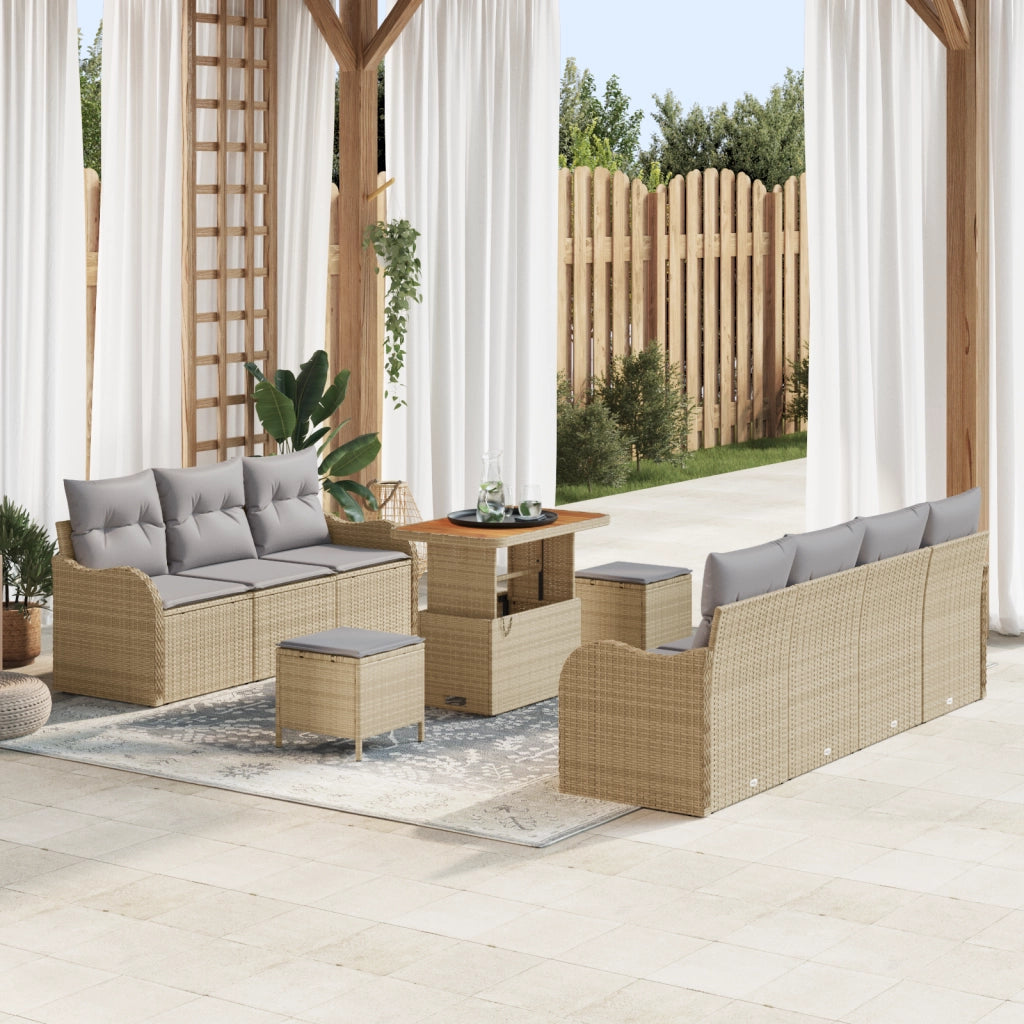 Set di divani da giardino da 10 pezzi con cuscini in rattan beige e acacia