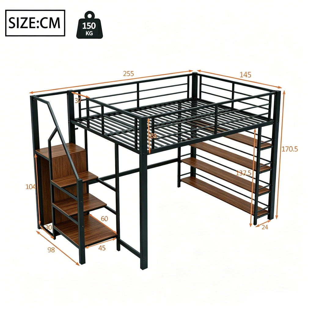Letto a soppalco ULEVR 140x200 cm con scala contenitore, guardaroba e ripiani, metallo e MDF nero