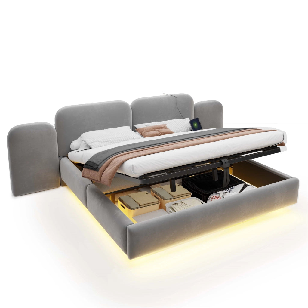 Letto imbottito 180x200 con contenitore idraulico e LED RGB; velluto grigio