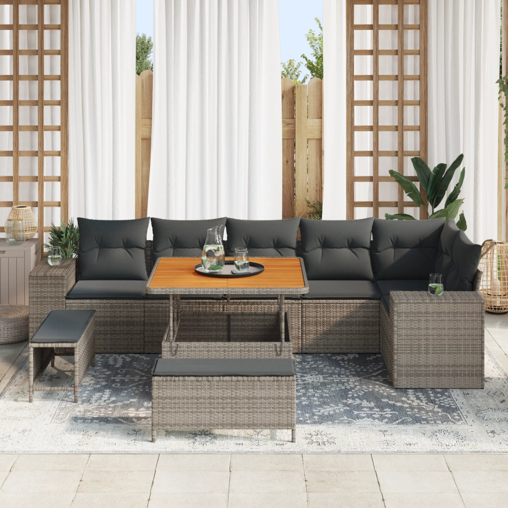 Set Divano da Giardino  9 Pezzi con Cuscini Grigio Polyrattan Acacia