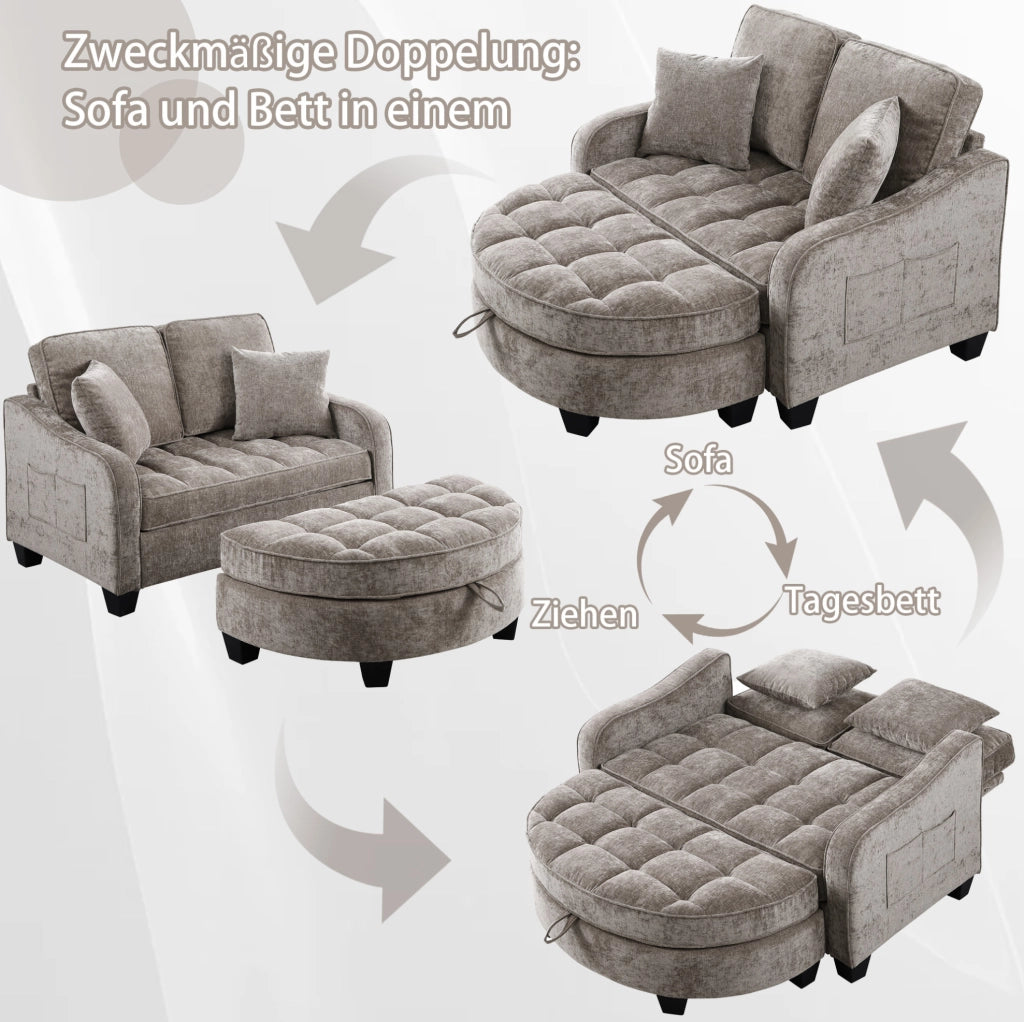 Divano letto 2-in-1 con pouf contenitore; struttura in eucalipto; marrone