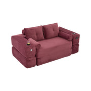 Divano letto 2 posti - con tasche laterali e portabicchiere - in velluto a coste - bordeaux