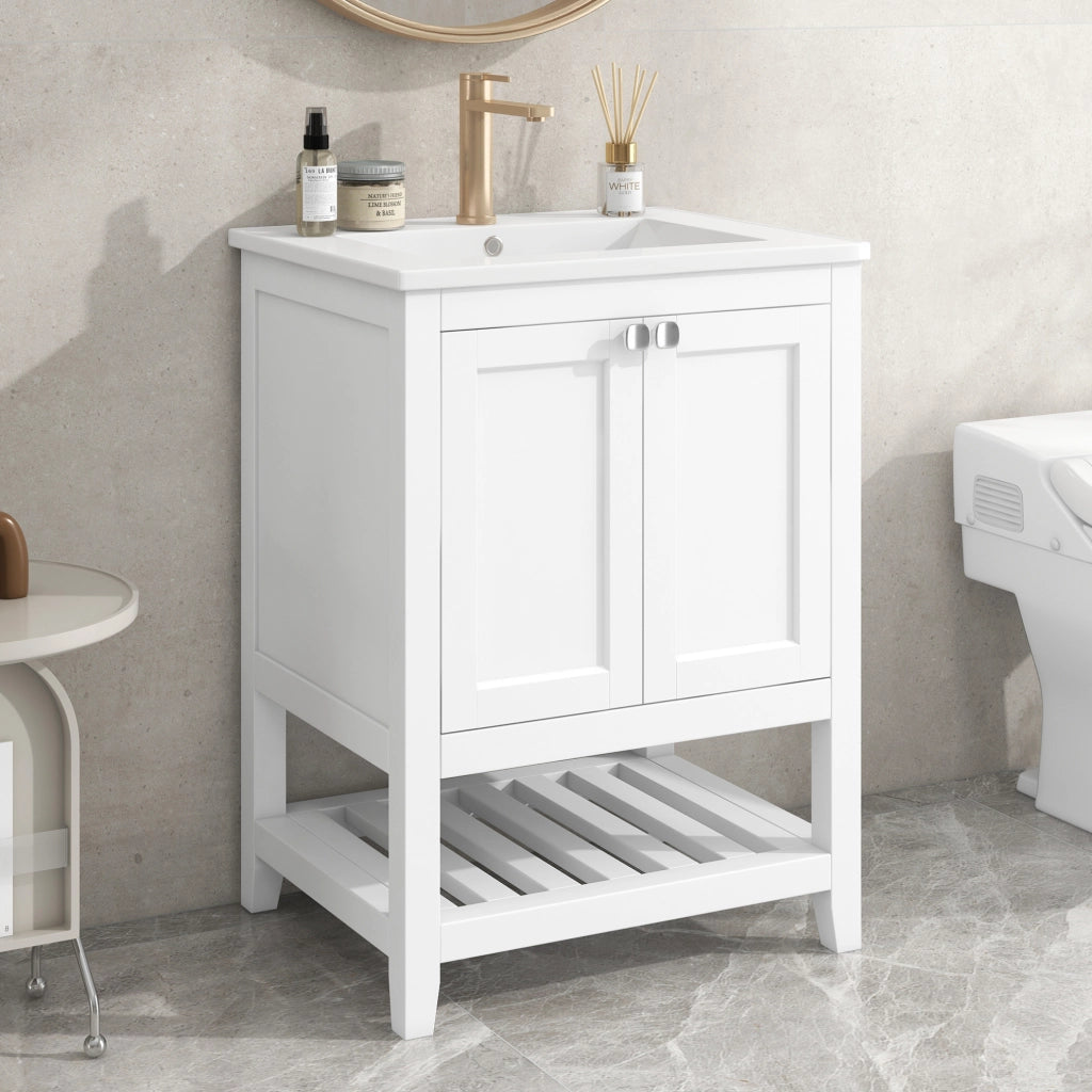 Mobile bagno con lavabo in ceramica 61x46x90 cm; bianco; in legno massello e MDF