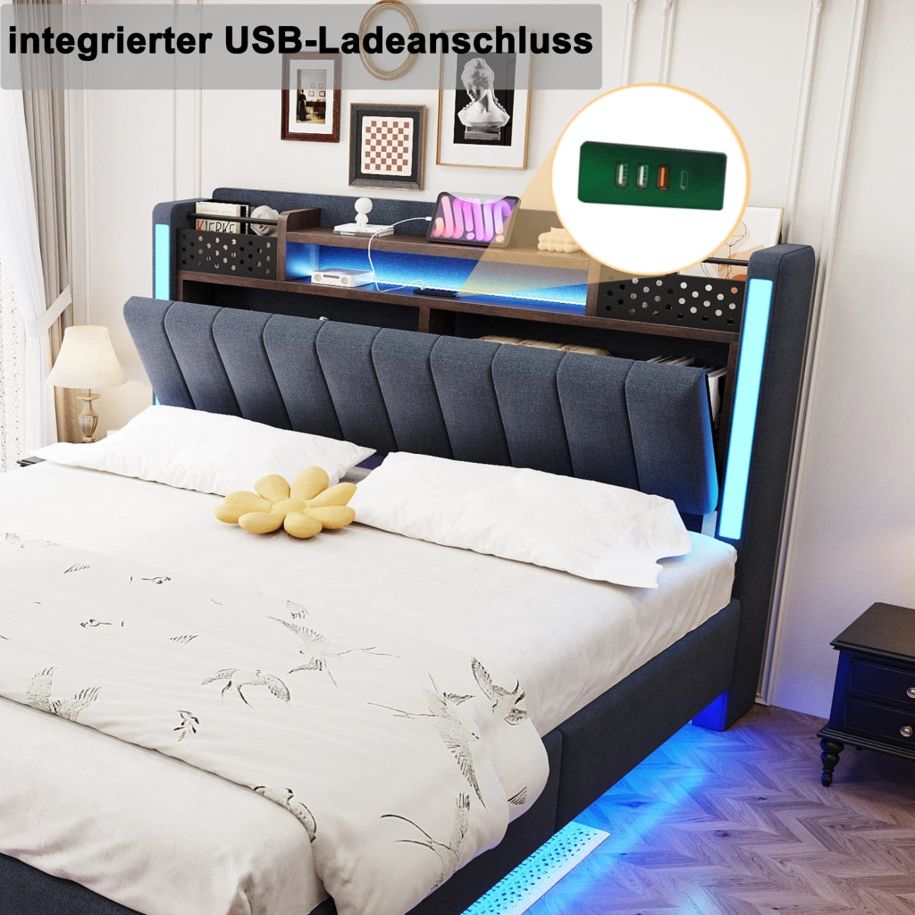 LETTO imbottito 140x200 cm Grigio con USB, LED e testiera con ripiani