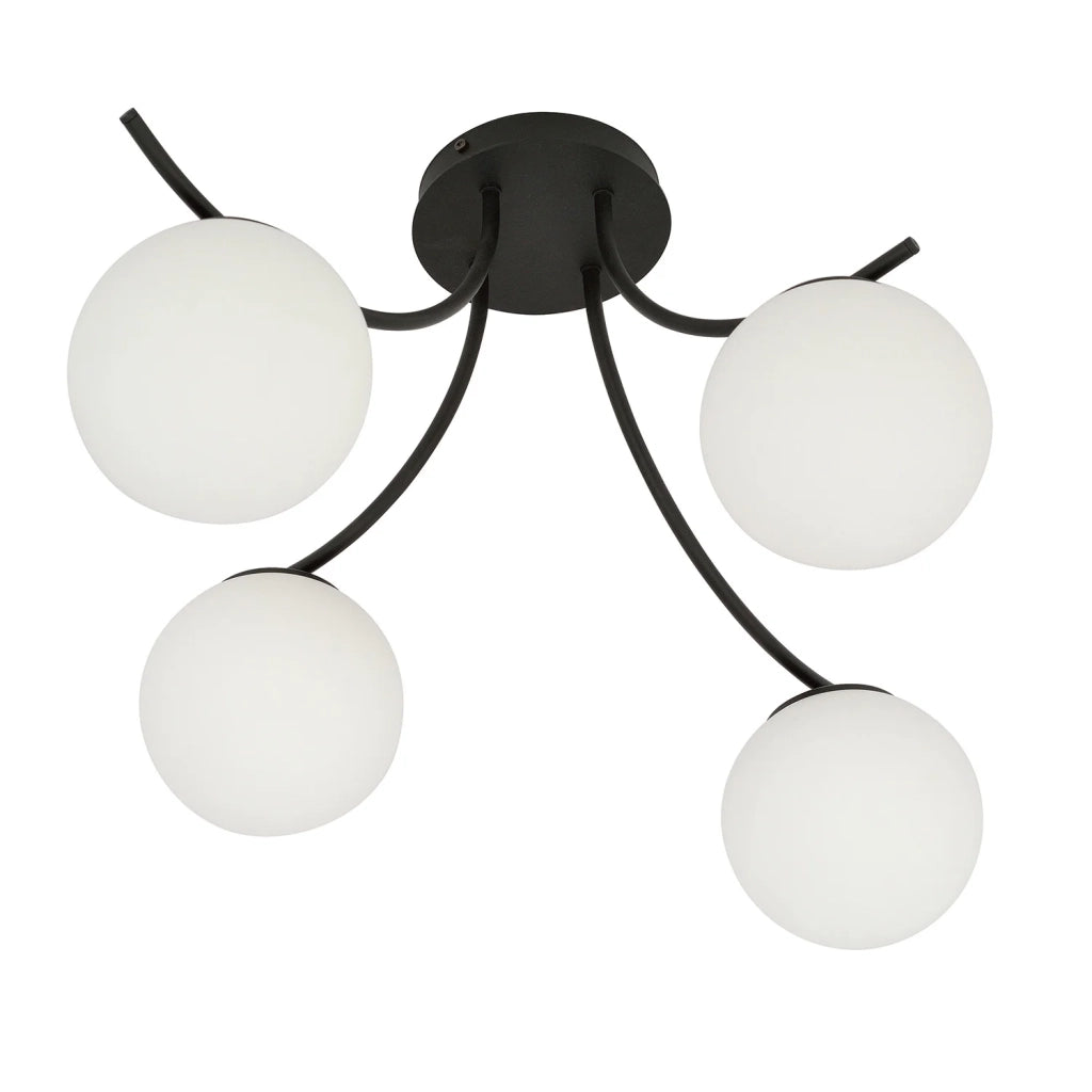 Plafoniera Moderna 4 Luci Coeo In Acciaio Nero E Diffusori In Vetro Opale