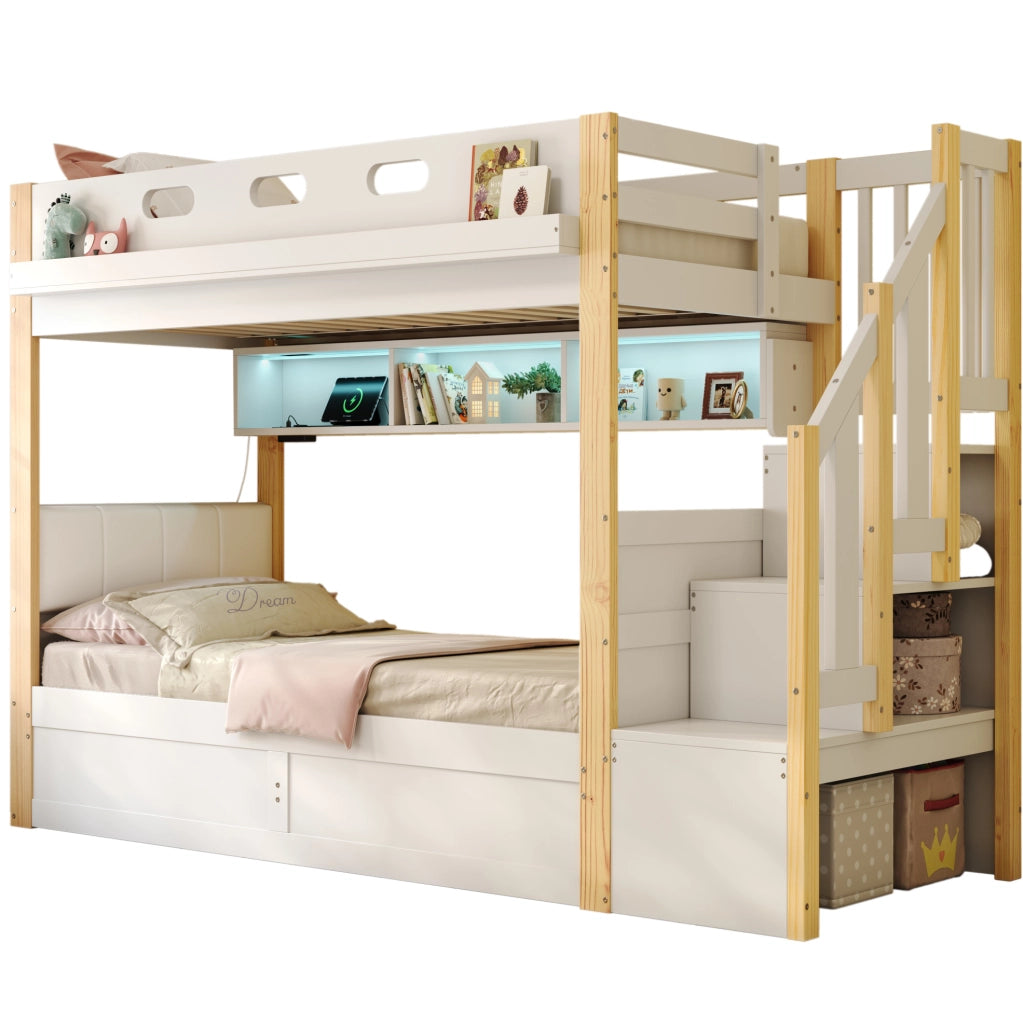 Letto a castello con contenitore idraulico, scala contenitiva e LED