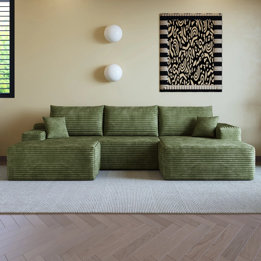 Divano angolare modulare con chaise longue a L e seduta profonda, senza attrezzi, in tessuto a coste verde