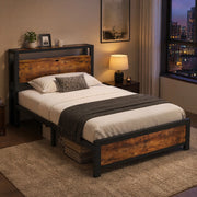 Letto singolo 90x200 cm in metallo e legno con testiera contenitore, struttura industriale, nero