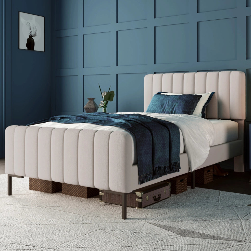 Letto Contenitore con USB; Tipo C e Testiera Imbottita 140×200 cm; senza Materasso; Beige