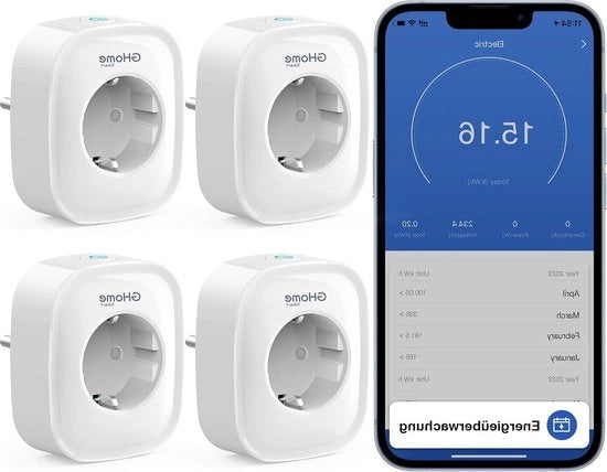 Set di contatto Wi-Fi per 4 dispositivi Smart Home compatibili con Alexa e Google Home, misura il consumo di corrente, controllabile mediante voce, programmabile con timer, funziona solo su rete Wi-Fi 24 GHz, alimentazione 230 V, 50/60 Hz.