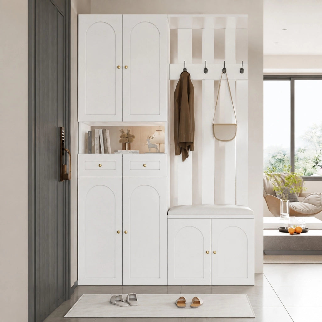 Set mobili ingresso con panca; scarpiera e appendiabiti; 6 ante; 2 cassetti; 4 ganci; bianco 110x37x180 cm HOMVRA