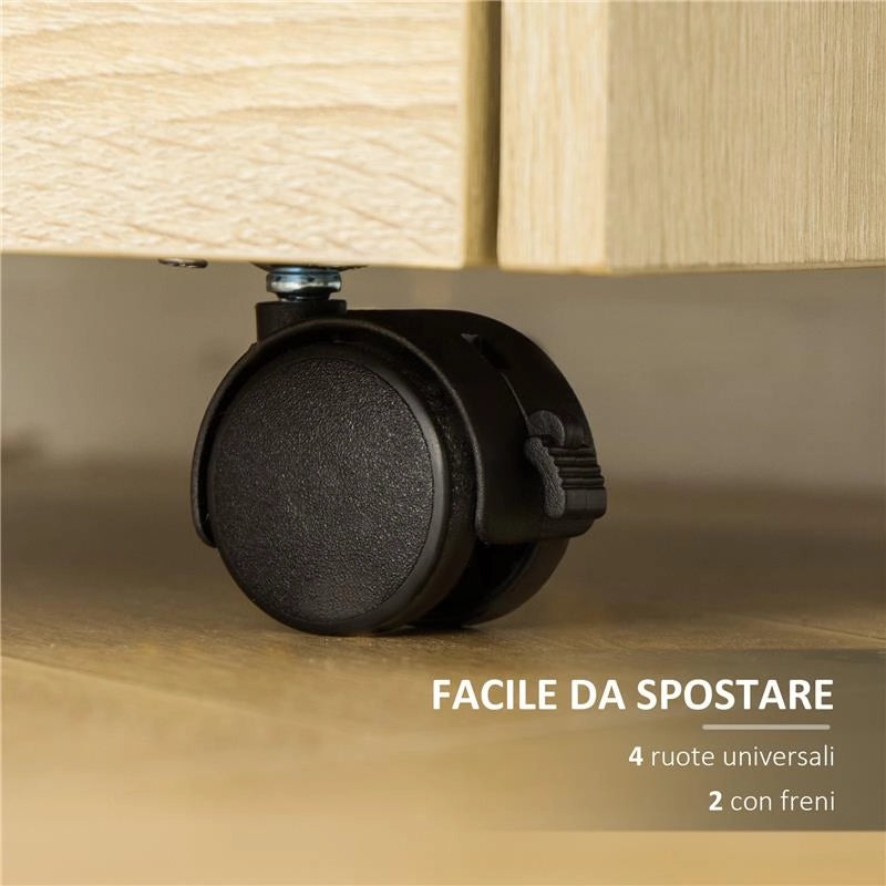 CASSETTIERA DA UFFICIO IN LEGNO CON 4 CASSETTI, RUOTE E BORDI RIALZATI, 40X36X65CM, LEGNO NATURALE