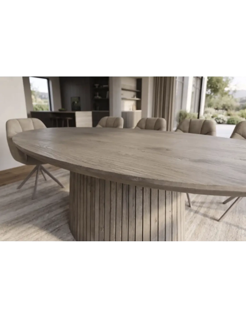 Tavolo da pranzo ovale ORINO 220 cm in legno massello di mango grigio con piede centrale scanalato – 10 posti