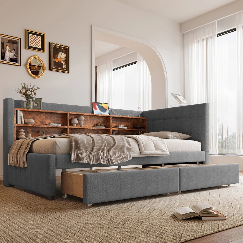 Daybett con funzione divano letto in lino grigio 90x200 cm