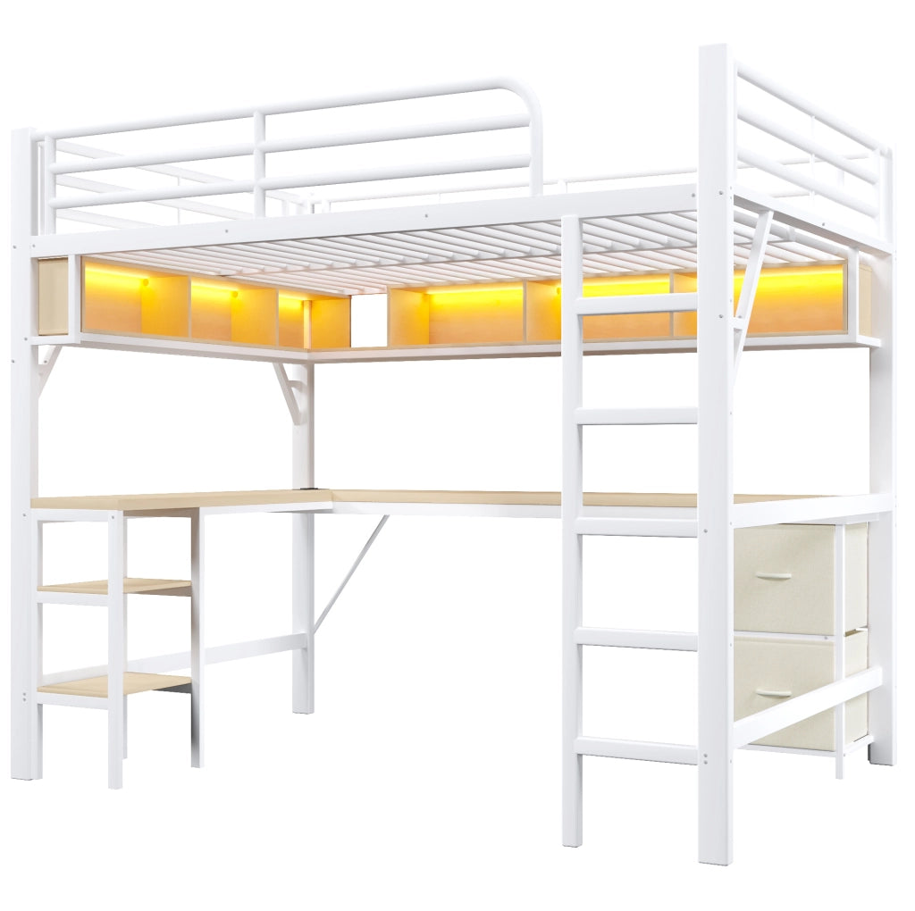 Letto a soppalco 140x200 cm in MDF e metallo bianco con scrivania; libreria; LED e vani contenitore