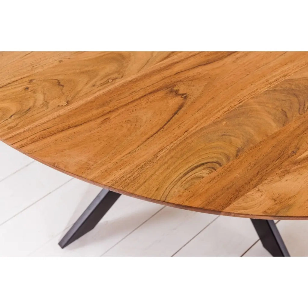 Tavolo da pranzo SOLARA 130 cm – Piano rotondo in acacia massiccia e gambe in metallo nero – Stile industriale chic