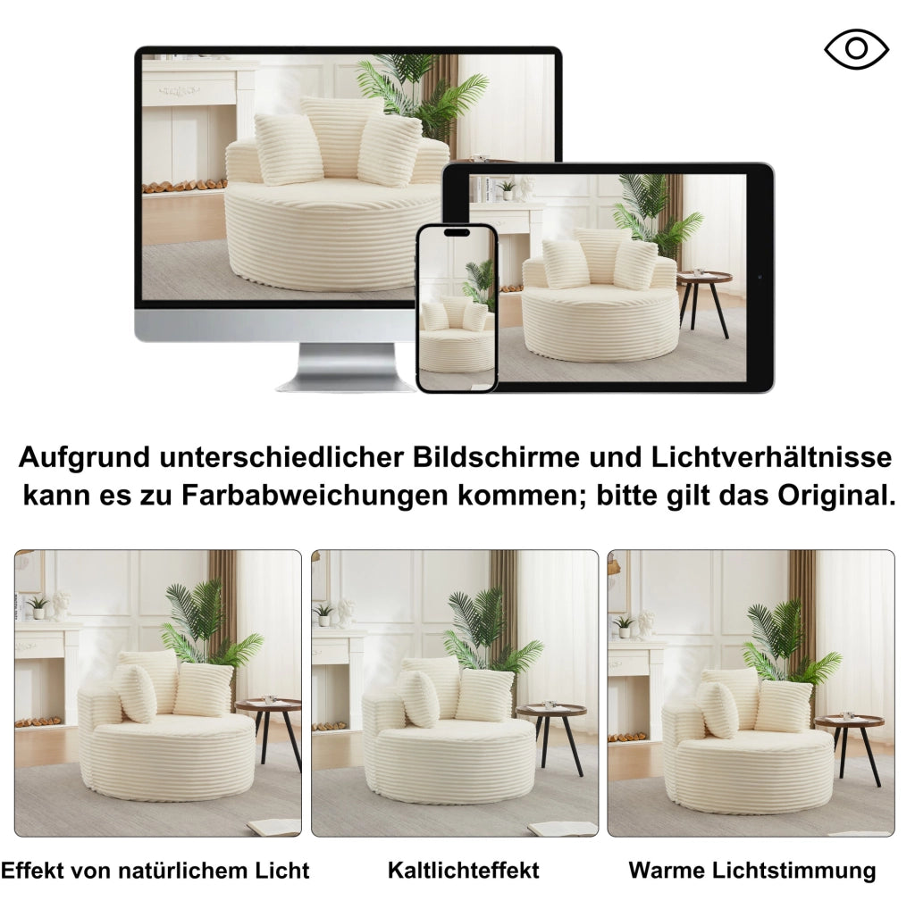 Poltrona lounge rotonda beige in velluto a coste con 3 cuscini