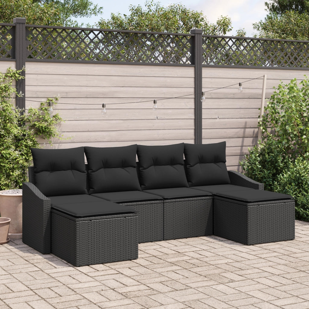 Set da Pranzo da Giardino a 6 Pezzi con Cuscini in Rattan Nero