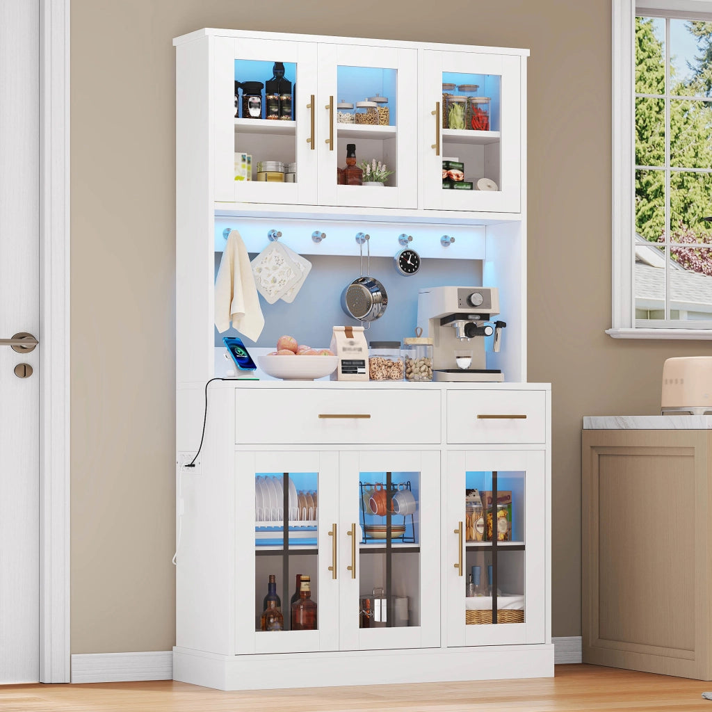 Credenza da cucina con LED smart, 2 cassetti, 3 ante e ripiani regolabili, bianco