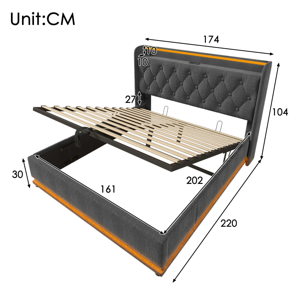 Letto matrimoniale imbottito 160x200 cm in lino grigio con LED 360掳; contenitore idraulico e USB Type-C