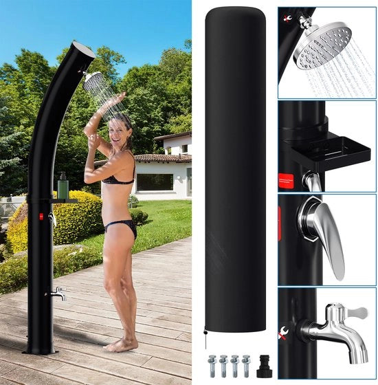 Douchetta esterna 35 litri con palo curvo nero - Incluso copriamo, tappo di scarico e pennello per sapone per camper