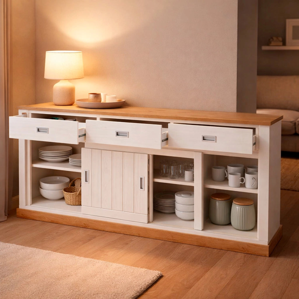 Credenza Soggiorno 3 Cassetti 2 Ante Scorrevoli 4 Ripiani Interni Mobile Madia Buffet Dispensa Cucina Zona Living Design Classico Moderno 220 x 50 x 95 Cm Bianco E Rovere