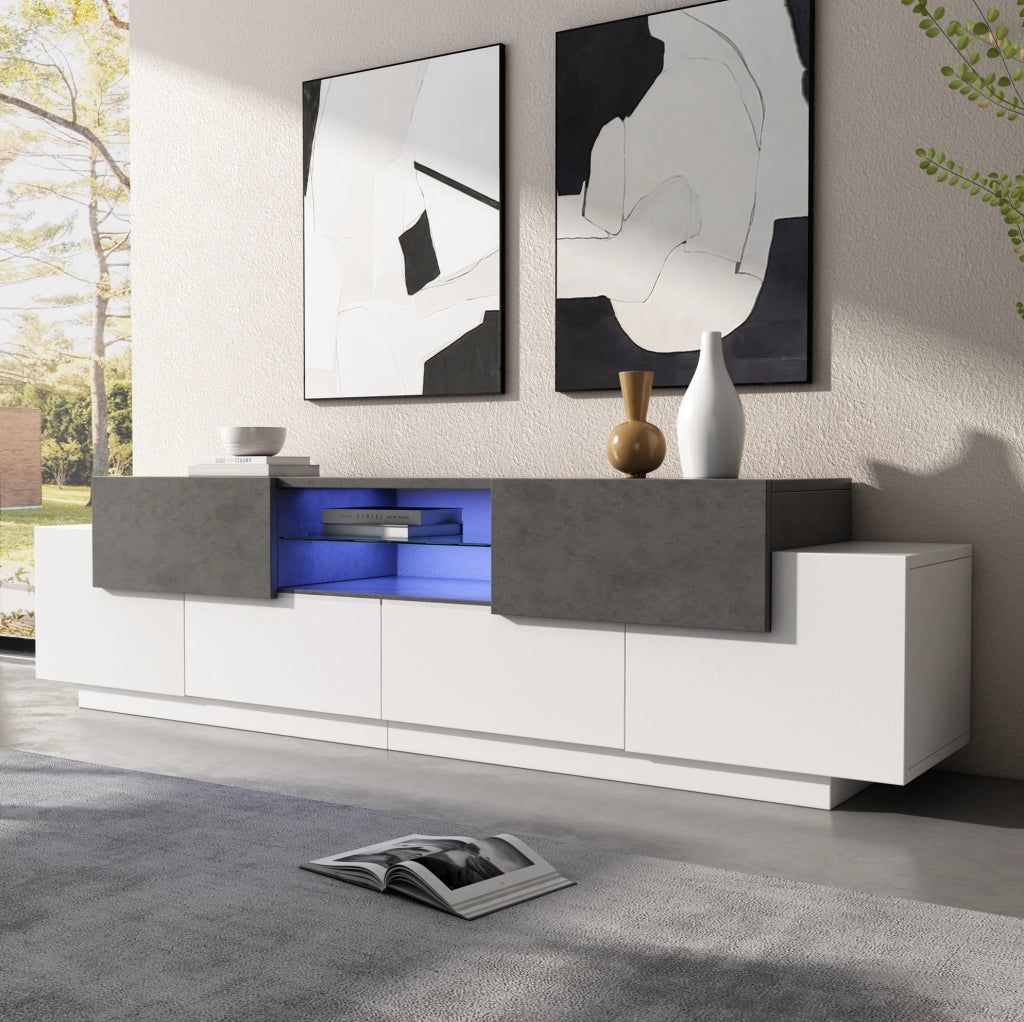 Mobile TV LED 180 cm bianco e grigio effetto marmo con ripiani in vetro
