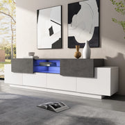 Mobile TV LED 180 cm bianco e grigio effetto marmo con ripiani in vetro