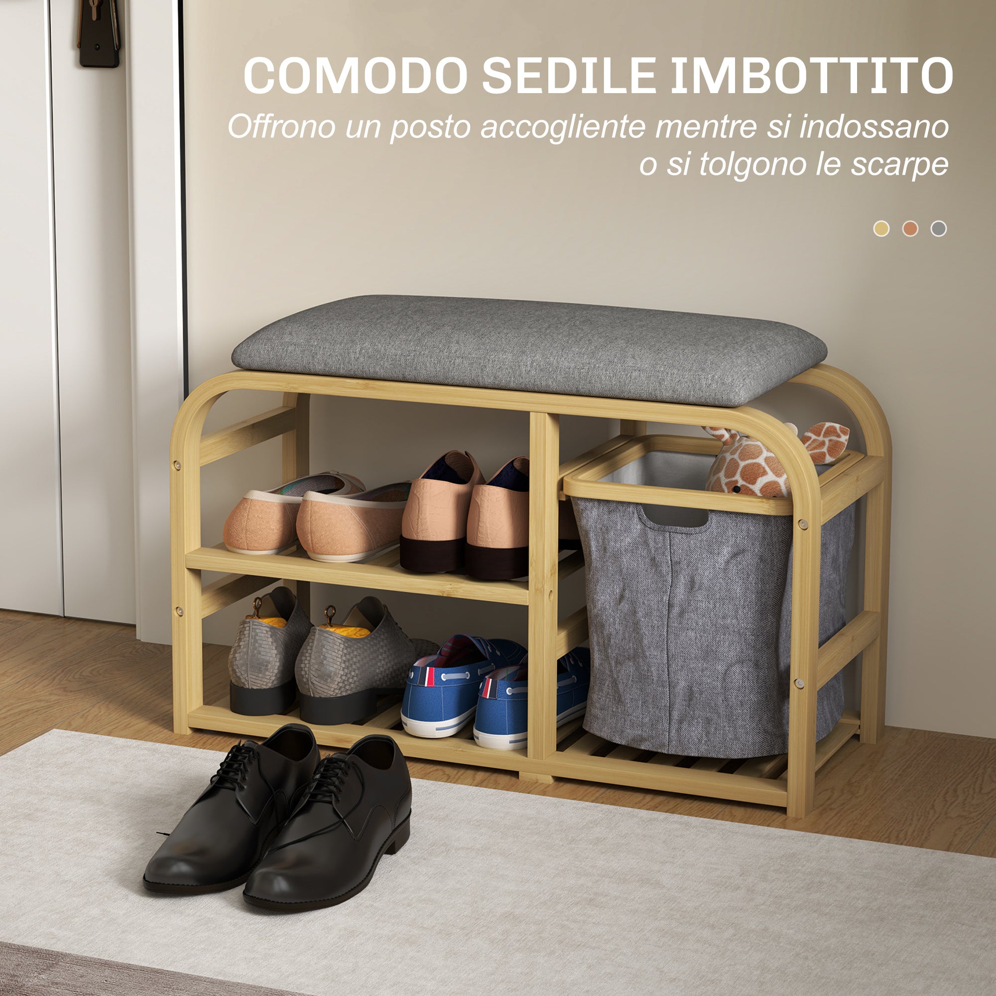 Panca Scarpiera da Ingresso 70x30x45 cm con Seduta Imbottita e Cesta Estraibile Design a Doghe Legno