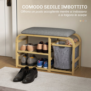 Panca Scarpiera da Ingresso 70x30x45 cm con Seduta Imbottita e Cesta Estraibile Design a Doghe Legno