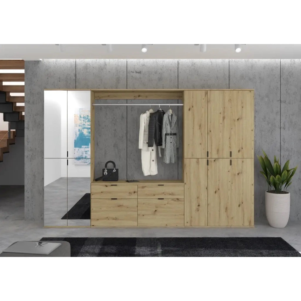 Armadio con 10 ante con specchi + guardaroba + 4 cassetti - Rovere chiaro - BODITE