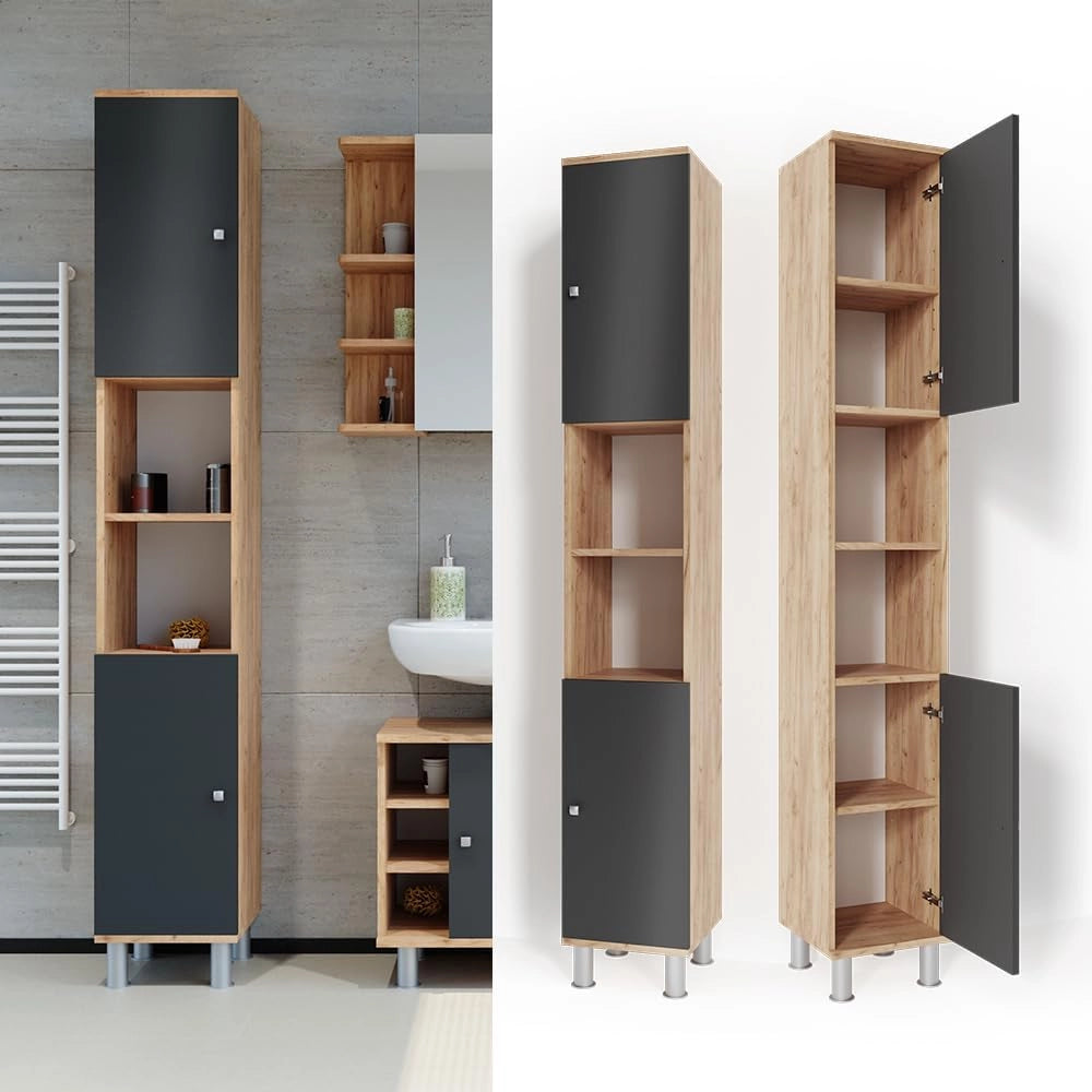 Mobile bagno alto Fynn, Rovere, 30 x 190 cm, per la conservazione di articoli da bagno e asciugamani