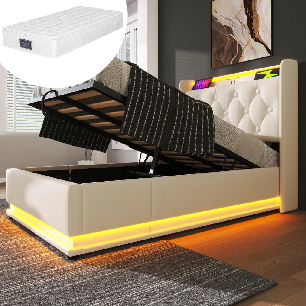 Letto imbottito con contenitore idraulico 90x200 cm; LED 360°; USB e Type-C; PU bianco