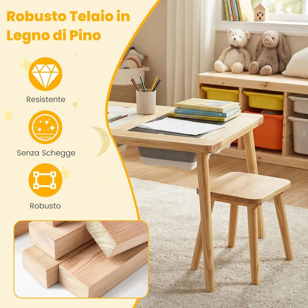 Set Tavolo con 2 Sedie per Bambini 3+ Anni, Tavolo e Sedie con Piano Doppio Lato Rimuovibile e 2 Contenitori, Gambe Robuste in Legno, Tavolo Attività per Gioco e Disegno (con Sedie Quadrate)