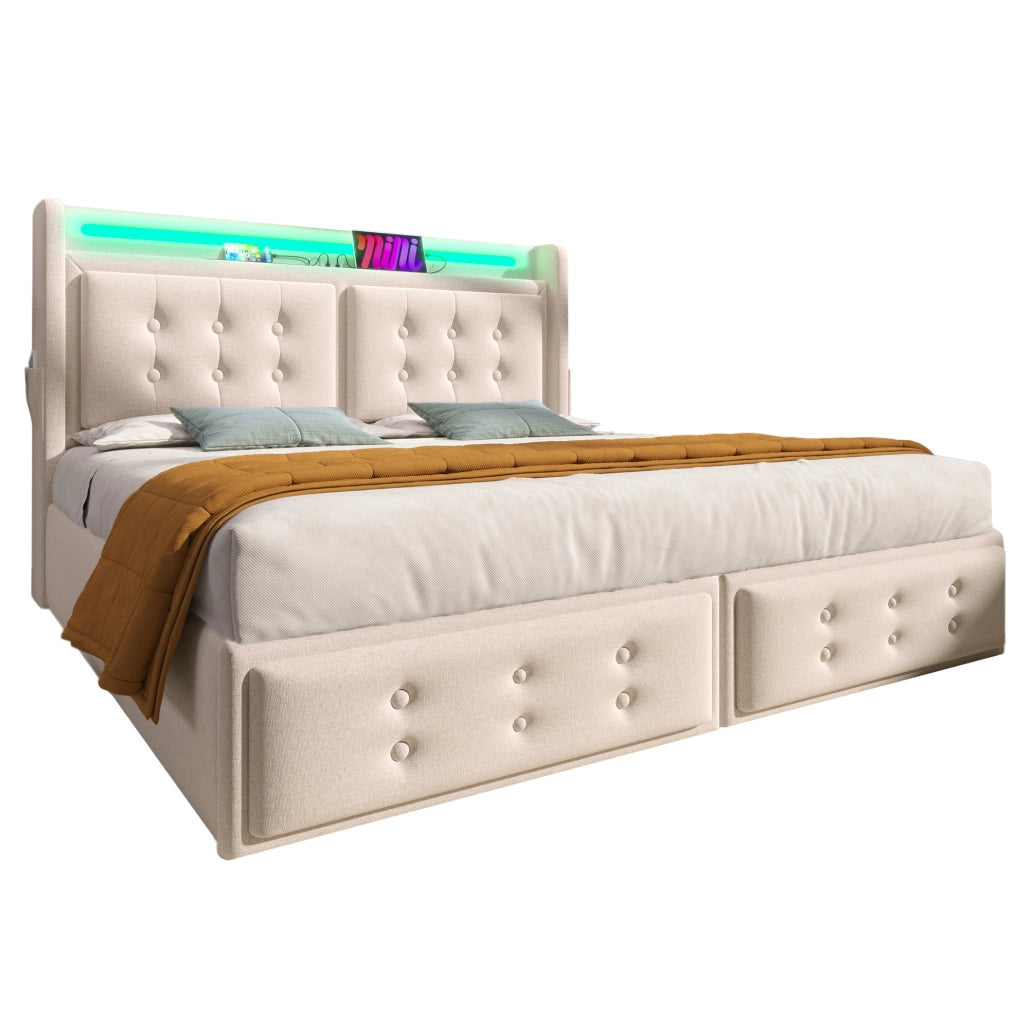 Letto contenitore 160x200 cm con testiera LED; USB e Type-C; cotone-lino beige